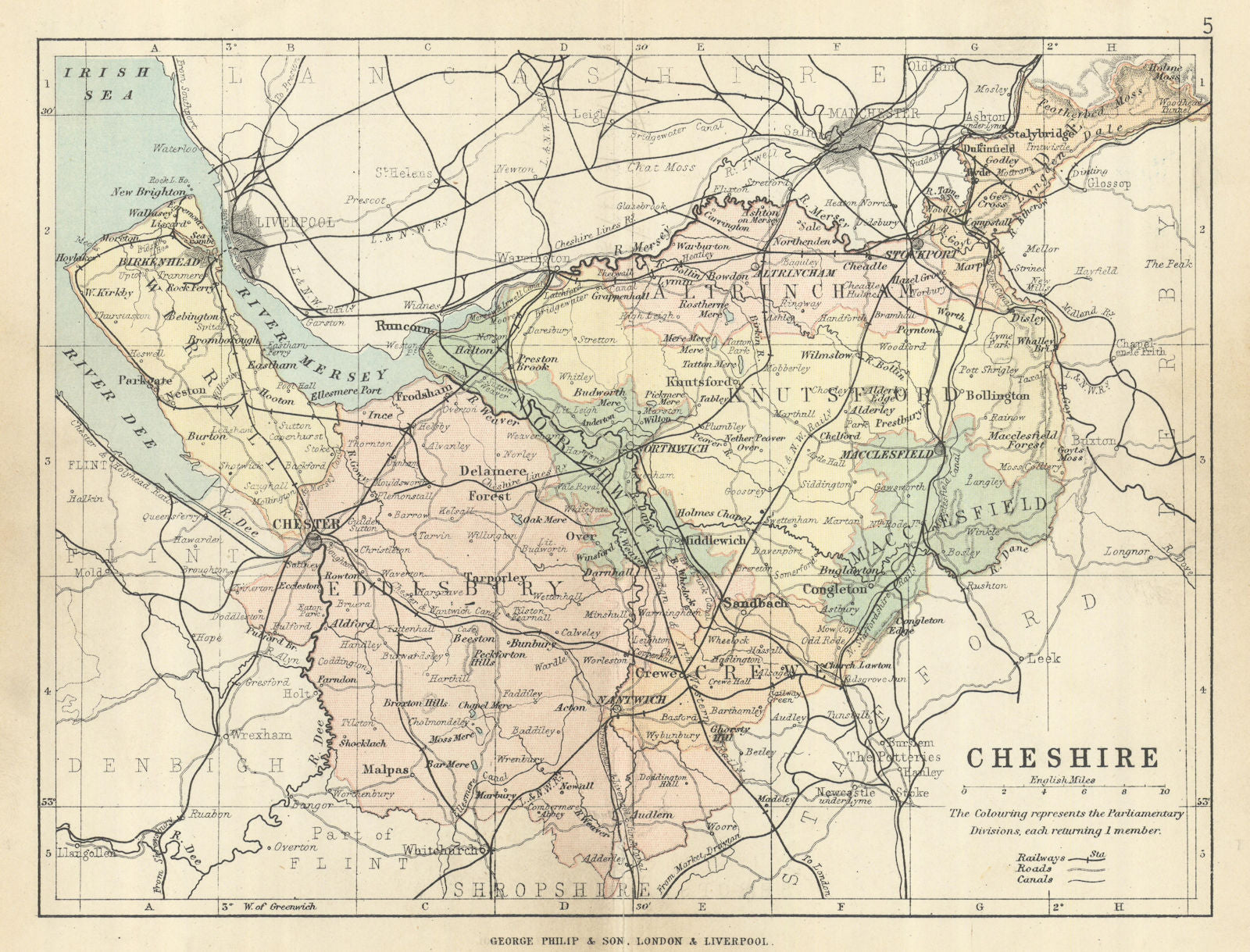CHESHIRE. Antique county map. Railways roads canals. Constituencies. PHILIP 1889